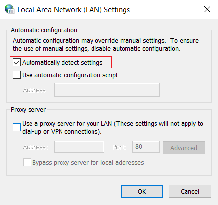Checkmark Automatically detect settings under LAN Settings