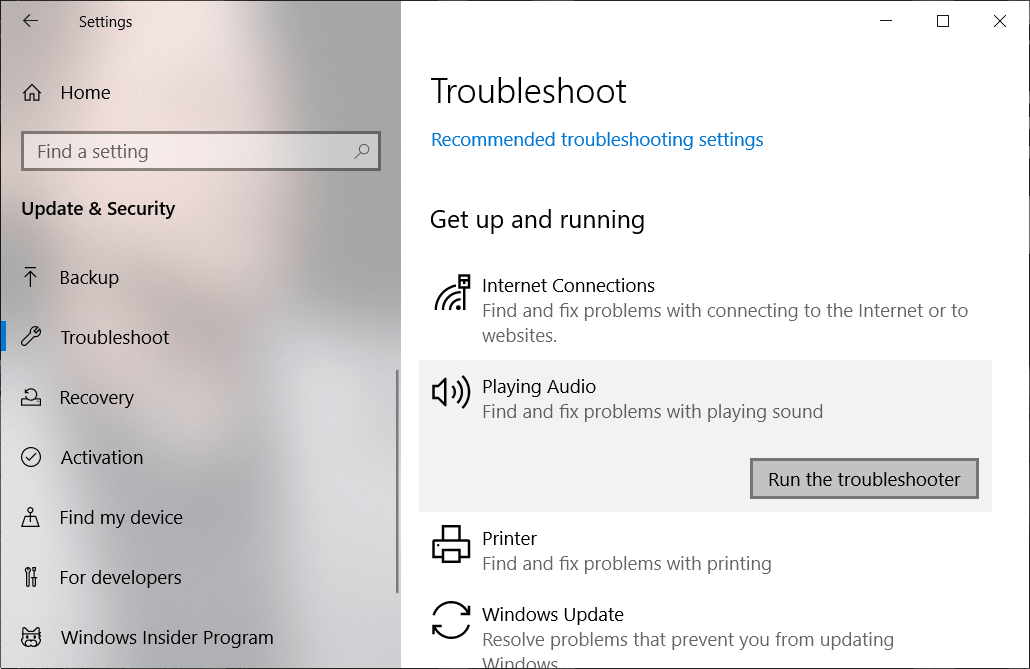 Click on Run the Troubleshooter under Playing Audio | Fix Audio Services Not Responding in Windows 10