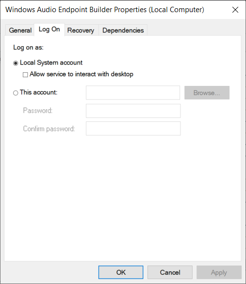 From Log on tab of Windows Audio Endpoint Builder select Local System account