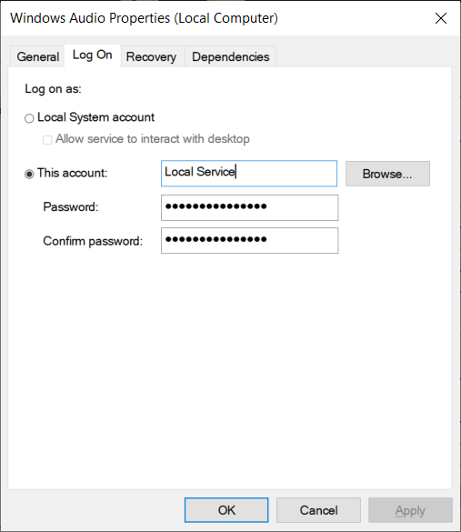 From the Log on tab select This account and make sure Local Service is selected with Password