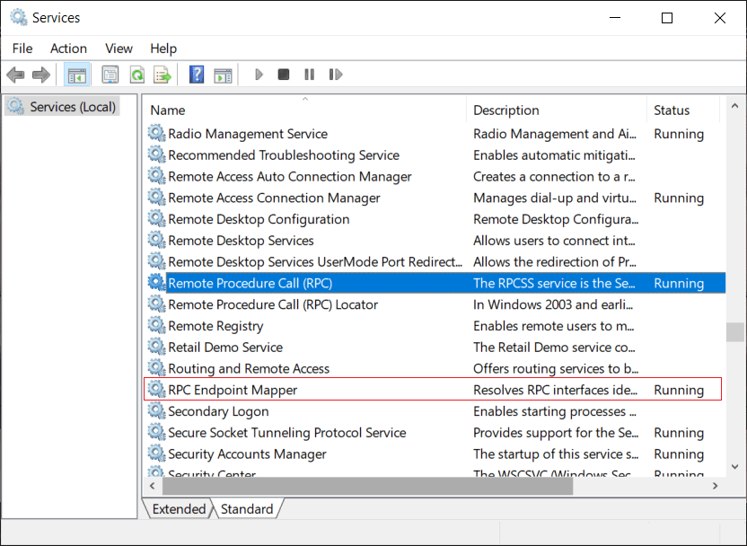 Make sure Remote Procedure Call and RPC Endpoint Mapper are running