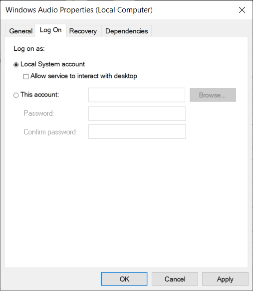 Navigate to Log On Tab | Fix Audio Services Not Responding in Windows 10