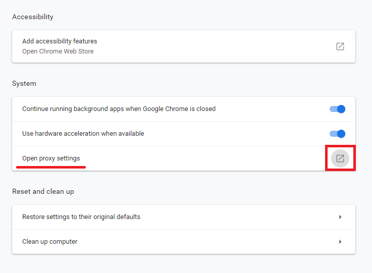 Open Proxy Settings under Google Chrome Settings | Fix The remote device or resource won't accept the connection error