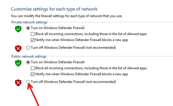 To turn off Windows Defender Firewall for Public network settings