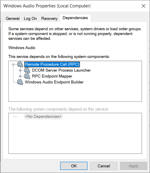 Under Windows Audio Properties switch to the Dependencies tab | Fix Audio Services Not Responding in Windows 10