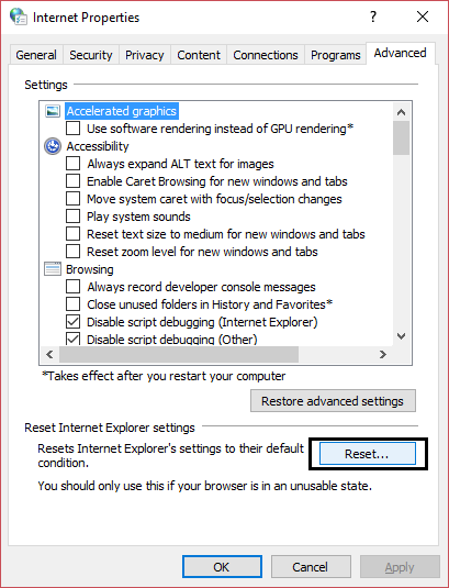reset internet explorer settings | Fix The remote device or resource won't accept the connection error