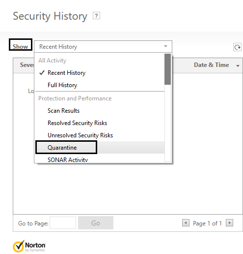 select quarantine from show norton