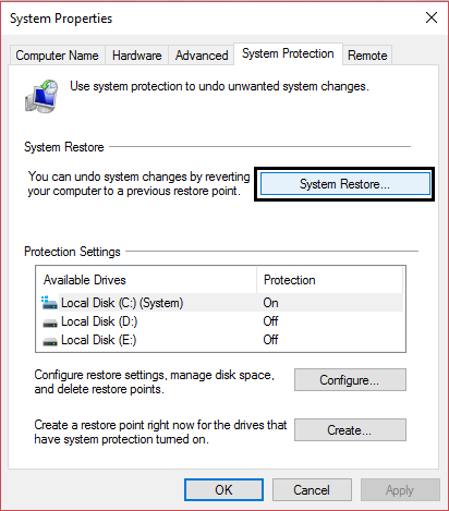 system restore in system properties