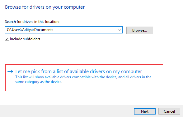 Let me pick from a list of available drivers on my computer